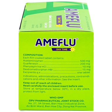 Ameflu Day Time dùng để làm giảm các triệu chứng trong cảm lạnh và cảm cúm như sốt, ho, đau họng, nhức đầu, sung huyết mũi (nghẹt mũi), làm loãng đàm (chất nhầy) và làm loãng dịch tiết phế quản giúp dễ ho hơn.