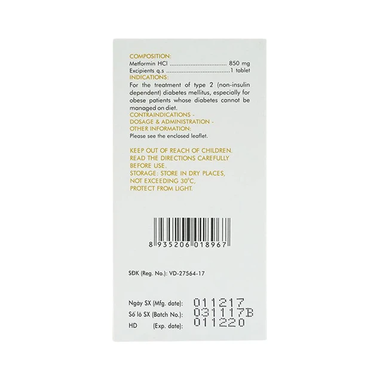 Thuốc Glumeform 850 của Công ty TNHH MTV Dược phẩm DHG, có thành phần chính là metformin HCI. Thuốc dùng để điều trị đái tháo đường tuýp 2.