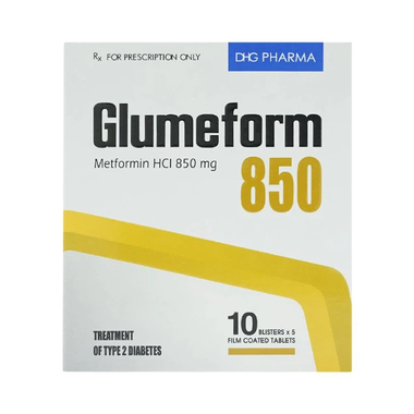 Thuốc Glumeform 850 của Công ty TNHH MTV Dược phẩm DHG, có thành phần chính là metformin HCI. Thuốc dùng để điều trị đái tháo đường tuýp 2.