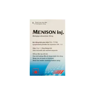 Thuốc tiêm Menison Inj 40mg chứa Methylprednisolon, có tác dụng chống viêm, chống dị ứng và ức chế miễn dịch rõ rệt.