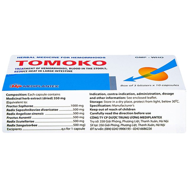 Thuốc Tomoko Mediplantex điều trị trĩ, đi ngoài ra máu, đại tràng táo nhiệtThuốc Tomoko Mediplantex điều trị trĩ, đi ngoài ra máu, đại tràng táo nhiệt