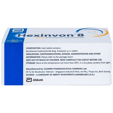 Thuốc Hexinvon 8 Glomed điều trị tiết chất nhầy bất thường trong viêm phế quản cấp tính và mạn tính (10 vỉ x 10 viên)