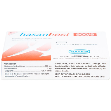 Thuốc Hasanbest 500/5 trị đái tháo đường tuýp 2 (2 vỉ x 15 viên)