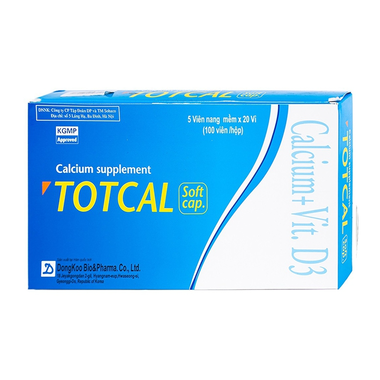 Viên nang mềm Totcal Dongkoo Bio &amp; Pharma bổ sung calci, D3, ngừa còi &amp; loãng xương (20 vỉ x 5 viên)