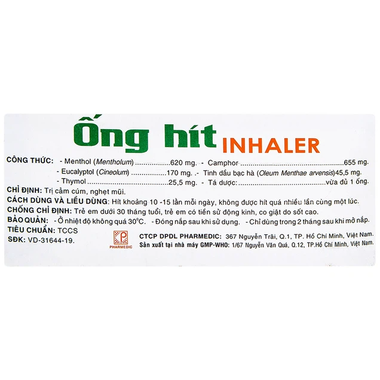 Ống hít Inhaler Pharmedic điều trị cảm cúm, nghẹt mũi (1 vỉ x 5 ống)