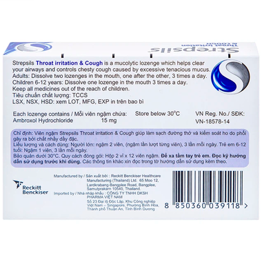 Viên ngậm Strepsils Throat Irritation &amp; Cough Reckitt Benckiser giúp làm sạch đường thở và kiểm soát ho (2 vỉ x 12 viên)