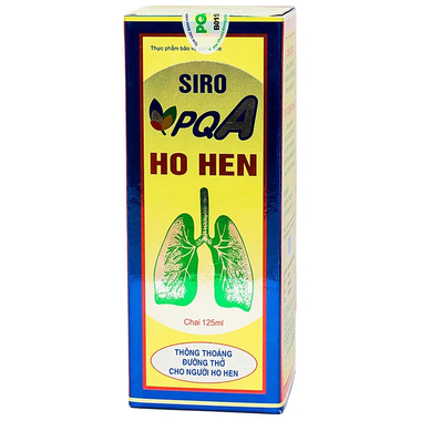 Siro PQA - Dùng cho người Ho hen (125ml) được bào chế từ các dược liệu thiên nhiên có đặc tính tốt trong việc giải cảm hàn, thông phế, bình suyễn. Làm dịu mát cổ họng, hạn chế tình trạng kích ứng, đau rát họng khi ho.