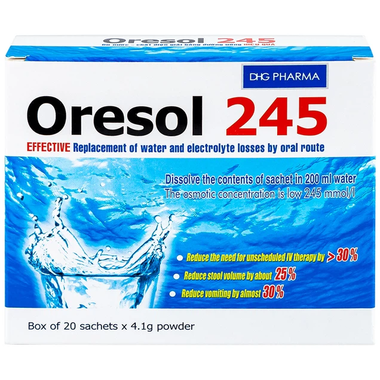 Thuốc Oresol 245 bù nước, bổ sung chất điện giải, điều trị mất nước do tiêu chảy (20 gói x 4.1g)