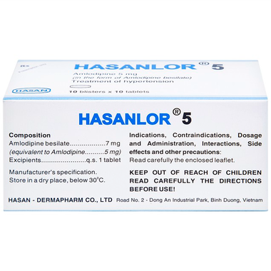 Thuốc Hasanlor 5mg hỗ trợ điều trị tăng huyết áp, đau thắt ngực (Hộp 100 viên)