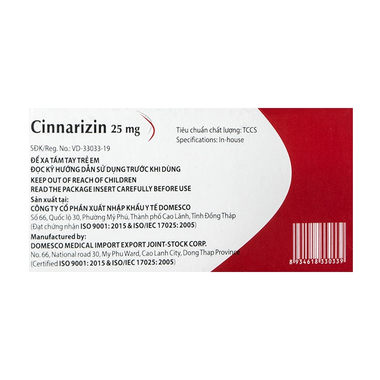 Thuốc Cinnarizin 25mg DMC điều trị bệnh mạch ngoại vi (3 vỉ x 10 viên)