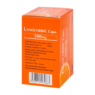 Thuốc Lanocorbic Caps 500mg điều trị bệnh do thiếu Vitamin C (10 vỉ x 10 viên)