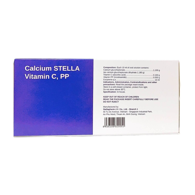 Dung dịch uống Calcium Stella Vitamin C, PP điều trị còi xương và bổ sung canxi (3 vỉ x 8 ống x 10ml)