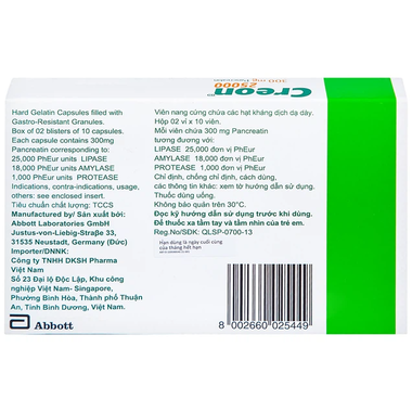Thuốc Creon 25000 Abbott điều trị thiểu năng tụy ngoại tiết (2 vĩ x 10 viên)