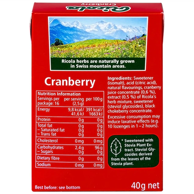 Kẹo thảo mộc Ricola trái cây Cranberry không đường (gói x 40 g)