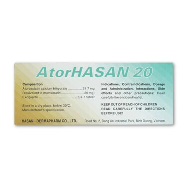 Thuốc AtorHasan 20mg giảm cholesterol và triglycerid trong máu (10 vỉ x 10 viên)