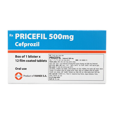 Thuốc Pricefil 500mg điều trị nhiễm khuẩn đường hô hấp (1 vỉ x 12 viên)