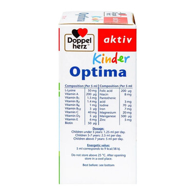 Dung dịch Kinder Optima Doppelherz Aktiv cung cấp L-lysine, một số vitamin và khoáng chất (100ml)