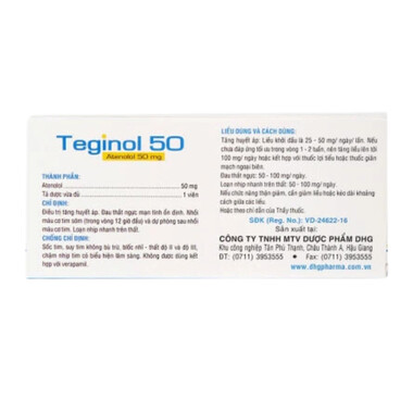 Thuốc Teginol 50mg điều trị tăng huyết áp, đau thắt ngực (3 vỉ x 10 viên)
