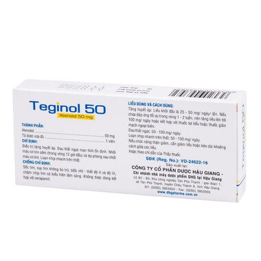 Thuốc Teginol 50mg điều trị tăng huyết áp, đau thắt ngực (3 vỉ x 10 viên)