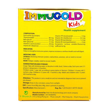 Bột pha Immugold Kids V-Biotech tăng cường miễn dịch, nâng cao sức đề kháng (30 gói x 3g)Bột pha Immugold Kids V-Biotech tăng cường miễn dịch, nâng cao sức đề kháng (30 gói x 3g)