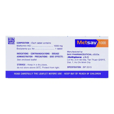 Viên nén Metsav 1000 Savi điều trị bệnh đái tháo đường tuýp 2 (10 vỉ x 10 viên)