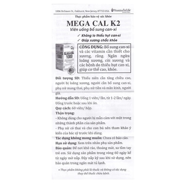 Viên uống Mega-Cal 1000 Vitamins For Life giúp bổ sung canxi, chống loãng xương (60 viên)