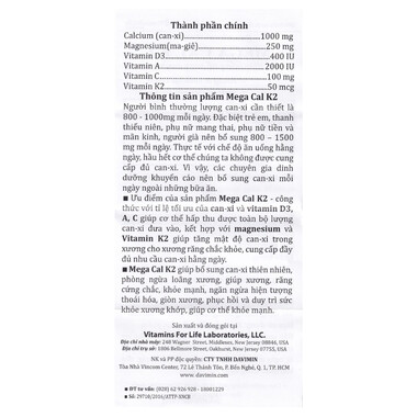 Viên uống Mega-Cal 1000 Vitamins For Life giúp bổ sung canxi, chống loãng xương (60 viên)