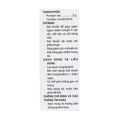 Thuốc Sát Khuẩn Povidine 10% Ngăn Ngừa Nhiễm Khuẩn Ở Vết Thương (Chai 20ml)