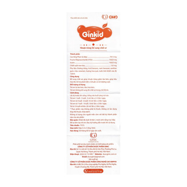 Siro Ginkid Ginic - Nhuận tràng, bổ sung chất xơ giảm táo bón (3 vỉ x 5 ống x 10ml)