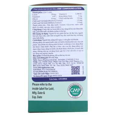 Viên uống Compound Lutein UBB – Bảo vệ mắt, chống ánh sáng xanh, hỗ trợ thị lực (60 viên)Viên uống Compound Lutein UBB – Bảo vệ mắt, chống ánh sáng xanh, hỗ trợ thị lực (60 viên)