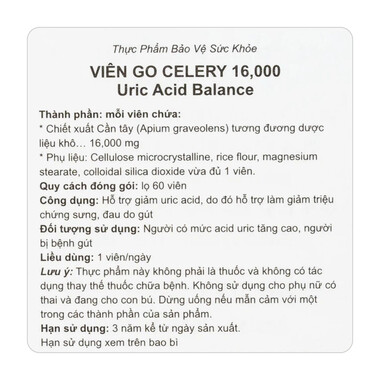 Viên uống Go Celery 16,000 hỗ trợ giảm acid uric, giảm sưng đau do gout