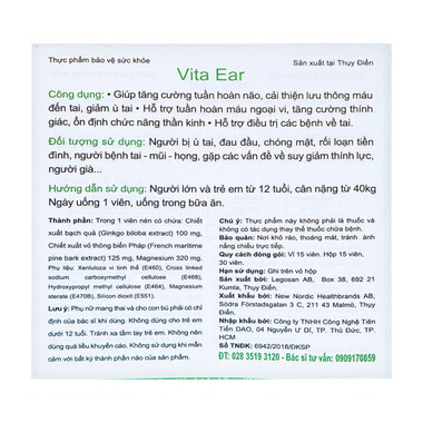 Viên uống Vita Ear New Nordic – Giảm ù tai, tăng cường thính lực, hỗ trợ tuần hoàn máu (15 viên)