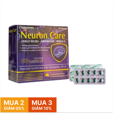 Viên uống Neuron Care hỗ trợ tăng cường tuần hoàn não, phục hồi di chứng sau tai biến (Hộp 60 viên)