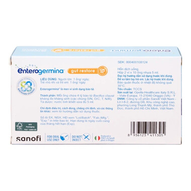 Men ống Enterogermina 4 tỷ/5ml Sanofi điều trị rối loạn hệ vi khuẩn đường ruột (2 vỉ x 10 ống)