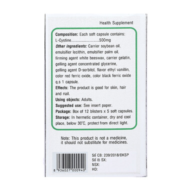 Viên nang mềm L-Cystine 500mg Phils Lin hỗ trợ điều trị viêm da do thuốc, sạm da, tàn nhang (12 vỉ x 5 viên)
