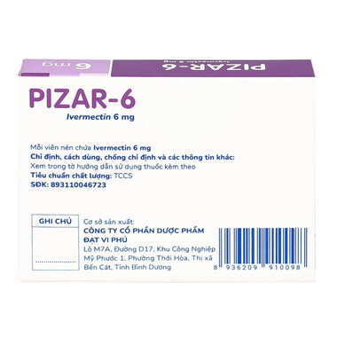 Thuốc Pizar-6 điều trị các bệnh nhiễm giun lươn, giun chỉ (1 vỉ x 4 viên)