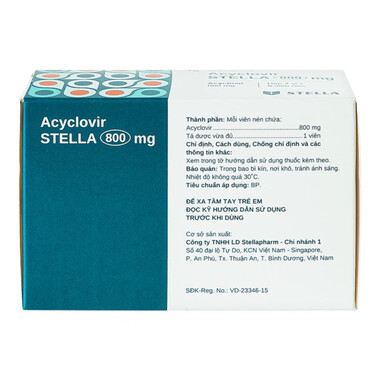 Thuốc Acyclovir Stella 800mg: Điều trị nhiễm Herpes simplex, Herpes zoster, thủy đậu (Hộp 10 vỉ x 5 viên) Thuốc Acyclovir Stella 800mg: Điều trị nhiễm Herpes simplex, Herpes zoster, thủy đậu (Hộp 10 vỉ x 5 viên)
