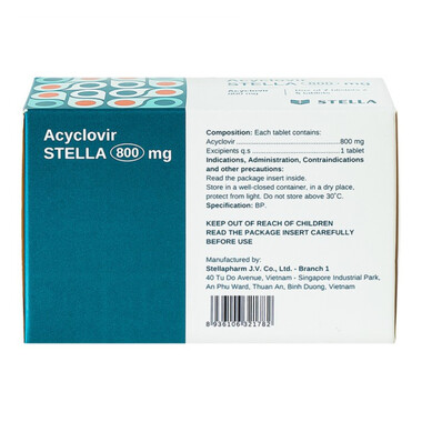 Thuốc Acyclovir Stella 800mg: Điều trị nhiễm Herpes simplex, Herpes zoster, thủy đậu (Hộp 10 vỉ x 5 viên) Thuốc Acyclovir Stella 800mg: Điều trị nhiễm Herpes simplex, Herpes zoster, thủy đậu (Hộp 10 vỉ x 5 viên)