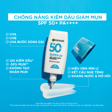 Kem chống nắng Garnier Super UV Anti-Acne kiềm dầu và hỗ trợ giảm mụn 30ml