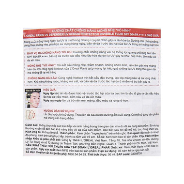 Kem Chống Nắng X20 Thoáng Da Mỏng Nhẹ L'Oreal Paris UV Defender Invisible Resist SPF50+ PA++++ 50ml