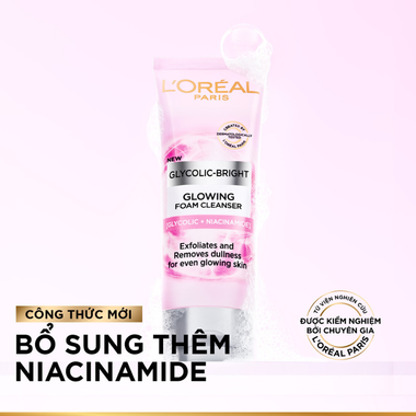 Sữa rửa mặt L'Oréal Paris Glycolic-Bright Glowing Daily Cleanser Foam sáng da mờ thâm 100ml