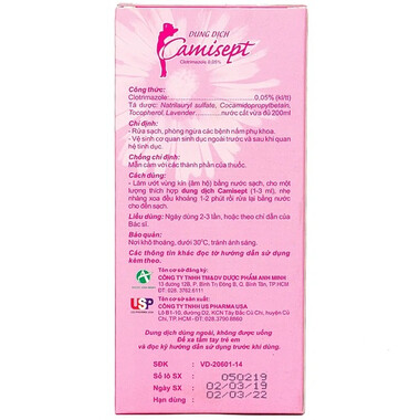Dung dịch Camisept USP phòng ngừa viêm nhiễm phụ khoa (200ml)
