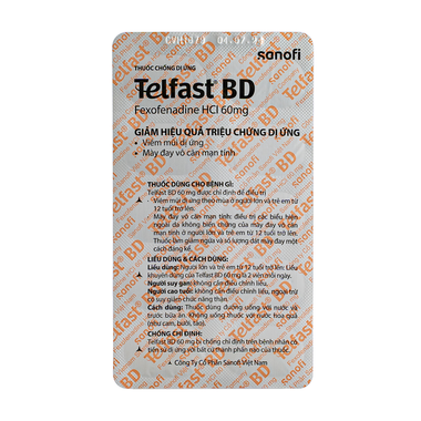Thuốc Telfast BD 60mg Sanofi điều trị mày đay vô căn mạn tính, trị viêm mũi dị ứng (3 vỉ x10 viên)