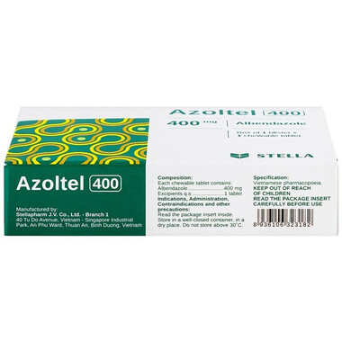 Thuốc Azoltel 400mg điều trị nhiễm một hoặc nhiều loại ký sinh trùng đường ruột (Hộp 1 Vỉ x 1 Viên)