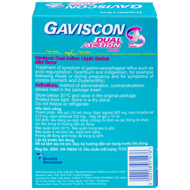 Thuốc Gaviscon Dual Action Reckitt Benckiser điều trị ợ nóng, khó tiêu, trào ngược dạ dày thực quản (hộp 24 gói x 10ml)