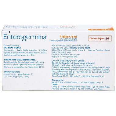 Men ống Enterogermina 4 tỷ/5ml Sanofi điều trị rối loạn hệ vi khuẩn đường ruột (2 vỉ x 10 ống)