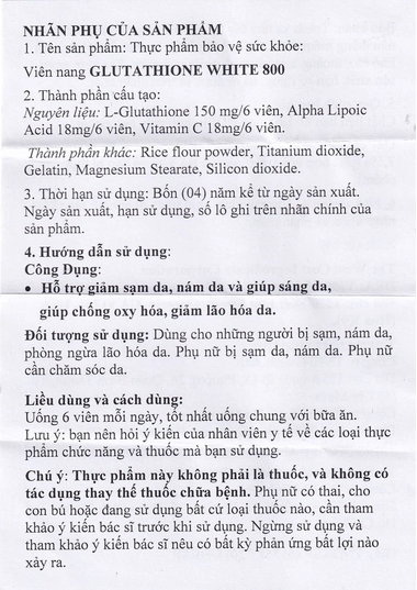 Thực phẩm bảo vệ sức khoẻ viên nang Glutathione White 800 (60 viên)