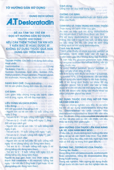 Thuốc A.T Desloratadin 2.5mg An Thiên giảm viêm mũi dị ứng, nổi mày đay mạn tính (30 ống x 5ml)