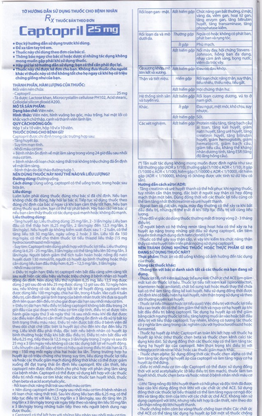 Thuốc Captopril 25mg điều trị tăng huyết áp, suy tim, nhồi máu cơ tim (10 vỉ x 10 viên)