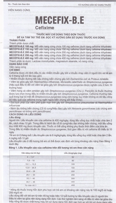 Thuốc Mecefix-B.E 150mg điều trị nhiễm khuẩn đường tiết niệu, viêm tai giữa (2 vỉ x 10 viên)